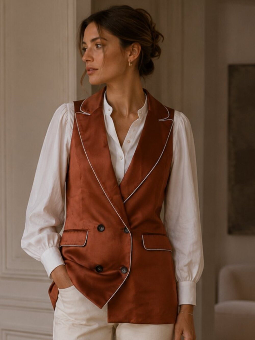 NWOT JASON WU COGNAC WHITE SATIN MID-LENGTH SLEEVELESS BLAZER-VEST